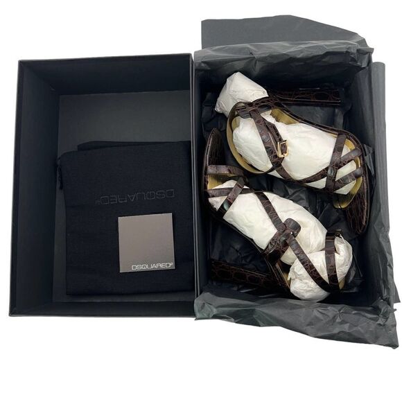 New Dsquared2 Women US 8 Brown Croc Embossed Leather High Heel Sandals | $650 - Picture 15 of 17